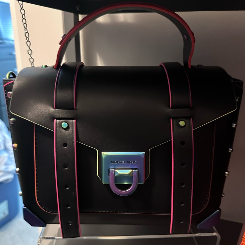 Michael Kors, black leather handbag with rainbow hardware and colourful accents